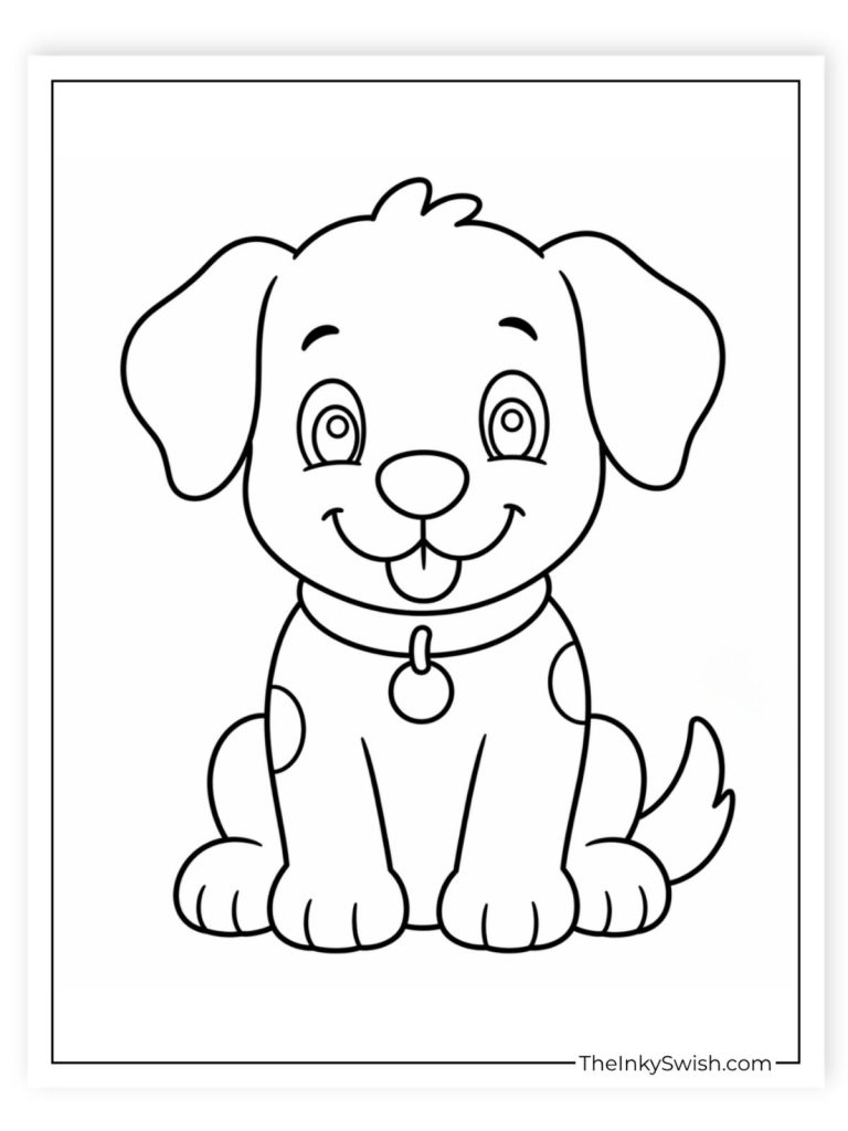 Easy cartoon dog sitting coloring page for toddlers and preschoolers
