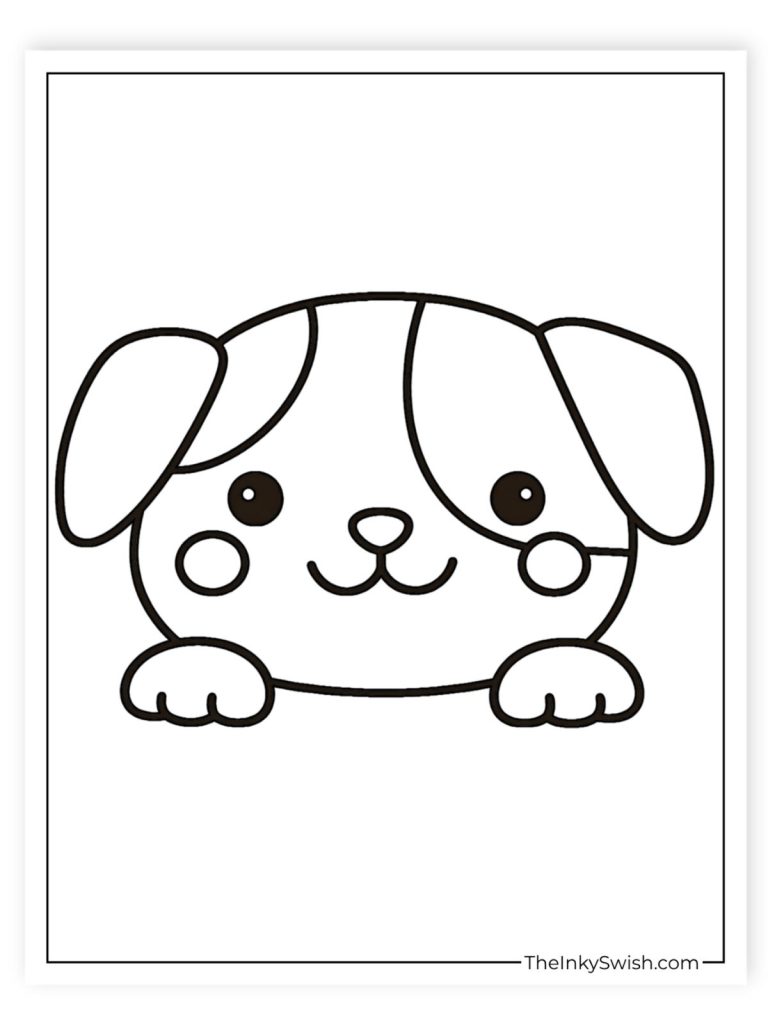 Easy kawaii puppy face coloring page with simple bold outline for preschool kids