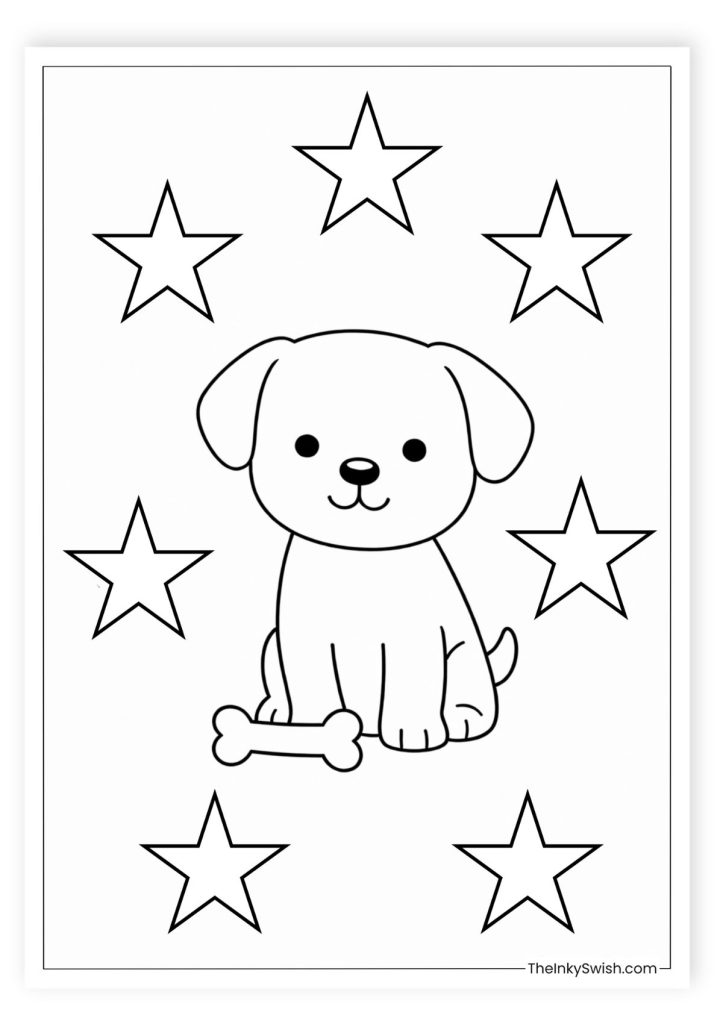 Easy preschool puppy with bone coloring page and stars, simple printable dog for toddlers PDF