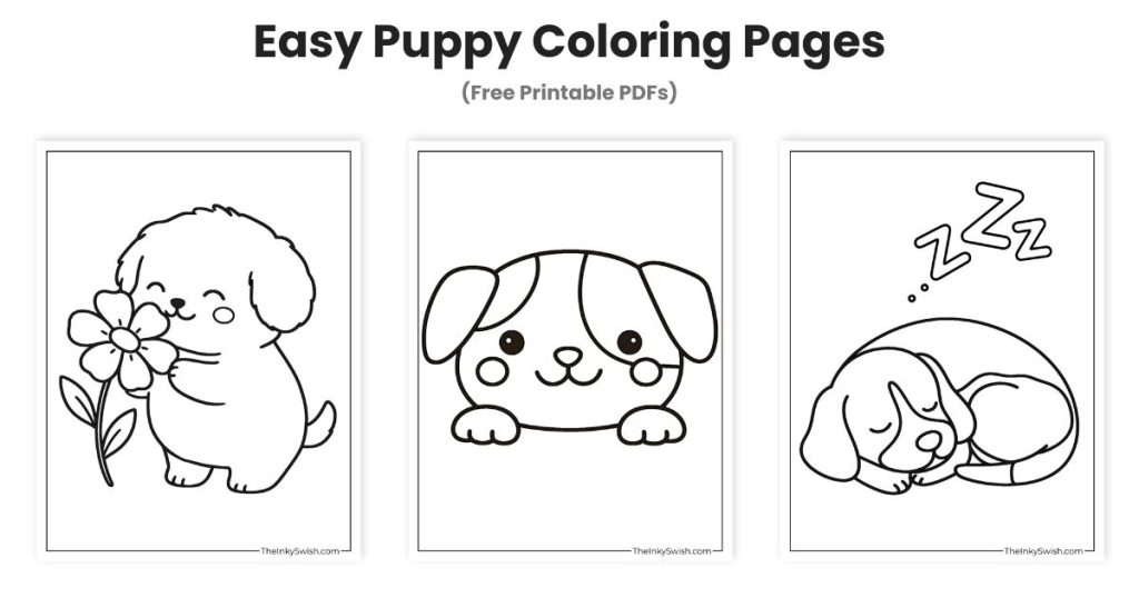 Collection of easy puppy coloring pages with cute flower puppy, simple puppy face, and sleeping puppy printable designs for kids