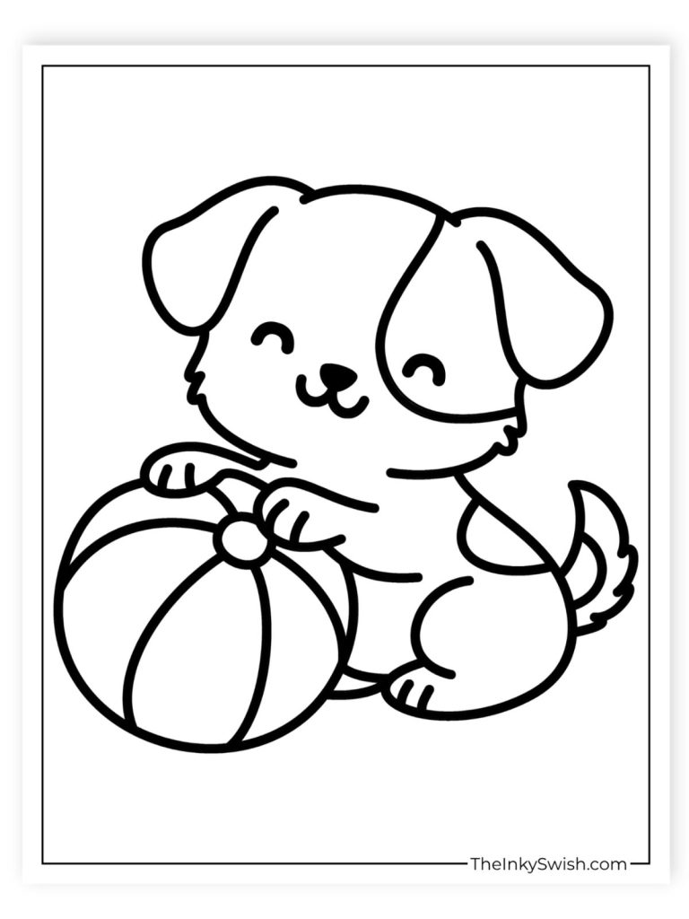 Easy puppy with ball coloring page, simple dog printable for toddlers and preschool kids
