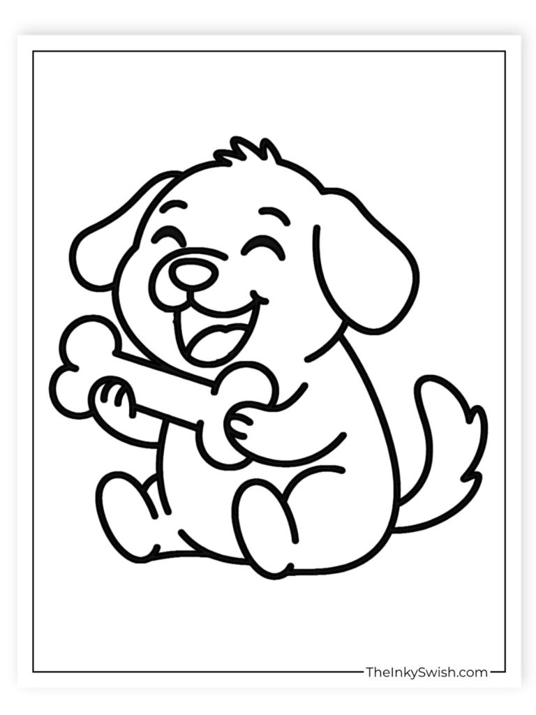 Easy puppy with big bone coloring page, simple dog printable for toddlers and preschool kids