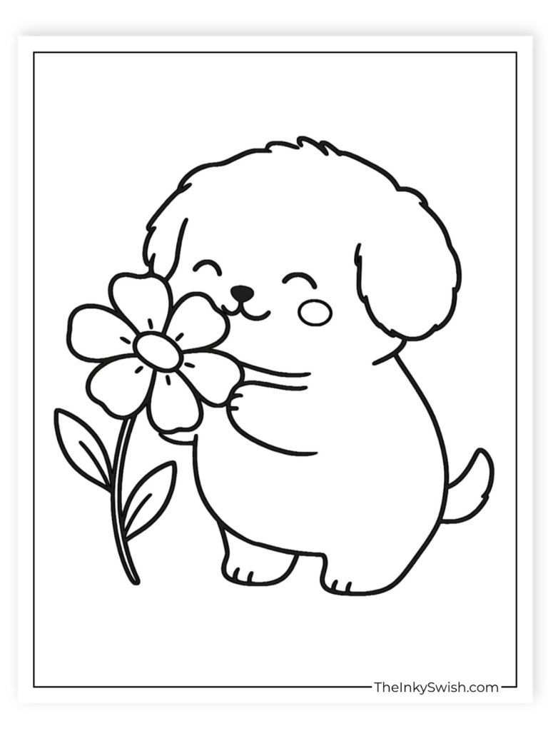 Easy puppy with flower coloring page, simple dog printable for toddlers and preschool kids