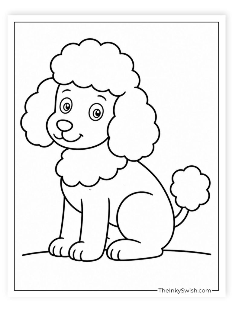 Easy sitting poodle coloring page for kids with simple bold outlines and a plain background