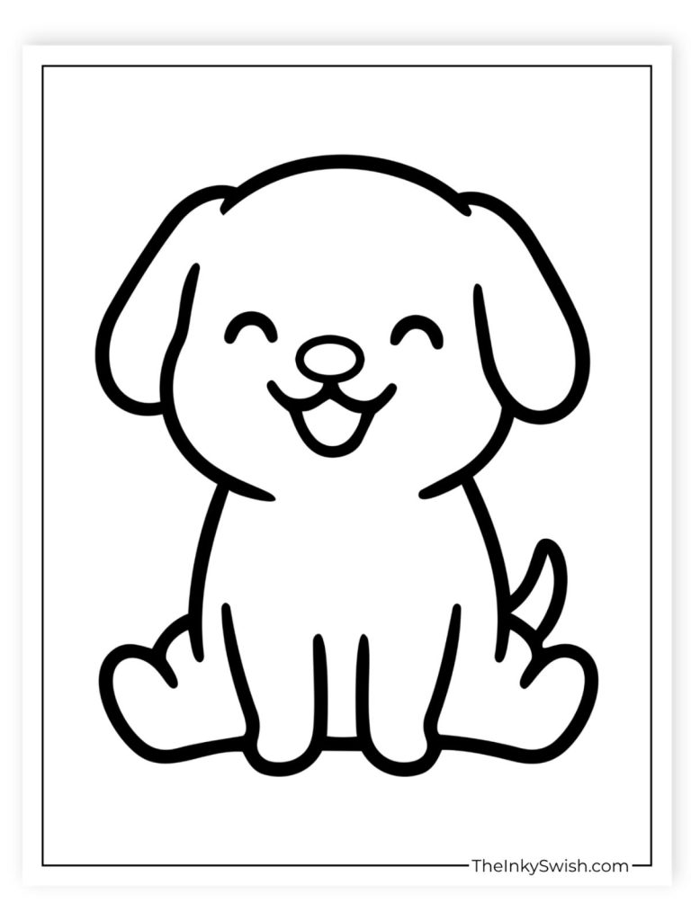 Easy sitting puppy coloring page with simple bold outline for toddlers and preschool kids