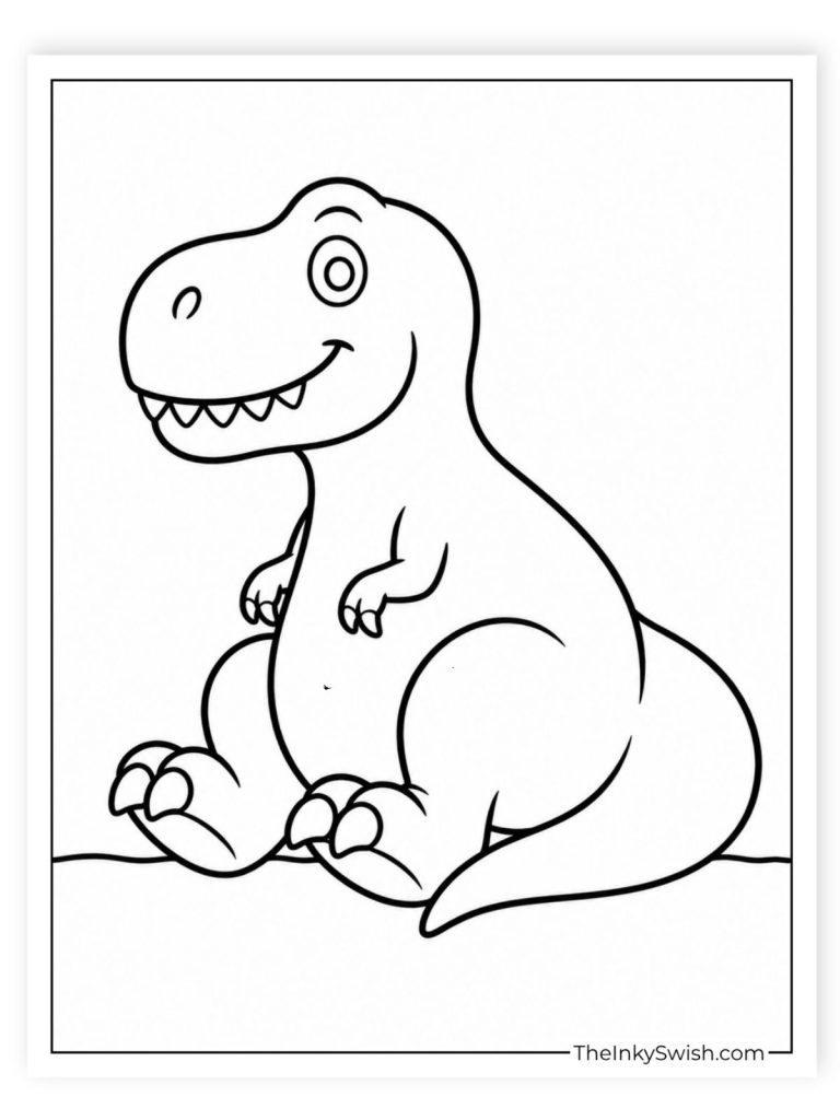 Easy t rex sitting coloring page free printable PDF for kids simple dinosaur
