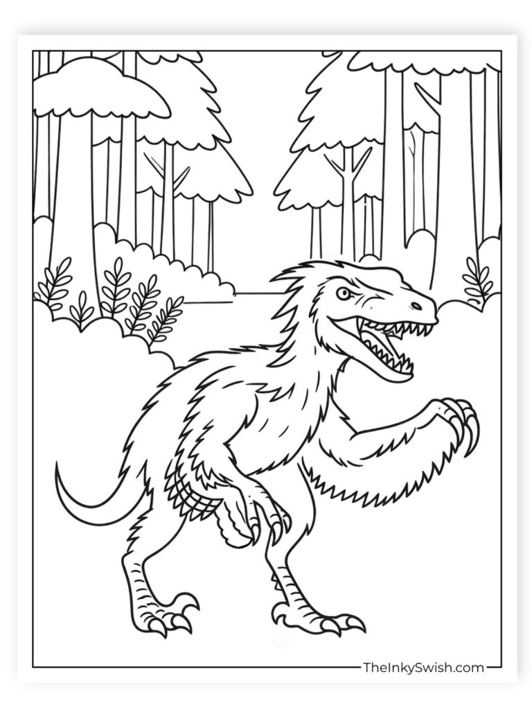 Feathered Velociraptor in prehistoric forest coloring page for older kids