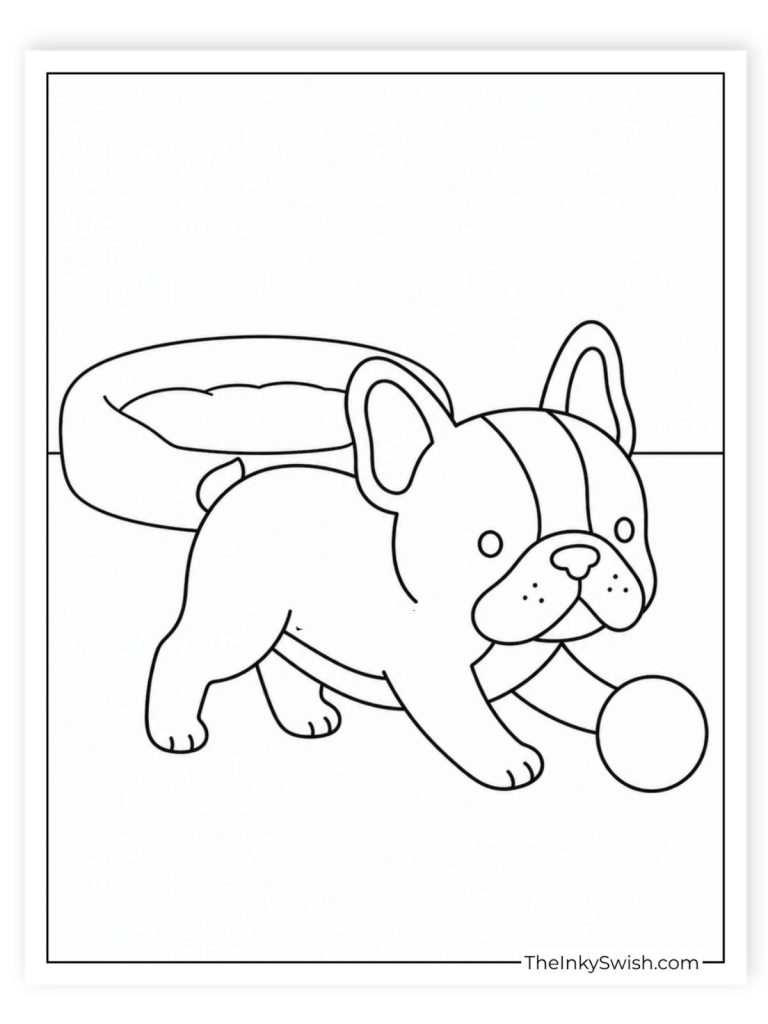 French Bulldog puppy playing with a ball coloring page with a dog bed in the background