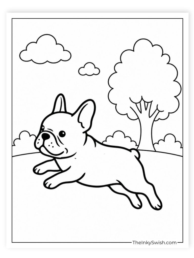 French Bulldog running in the park coloring page with trees and clouds