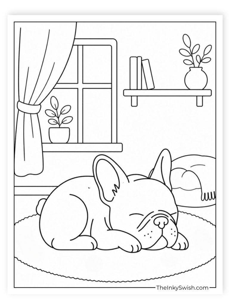 French Bulldog sleeping on a rug coloring page with a cosy living room background