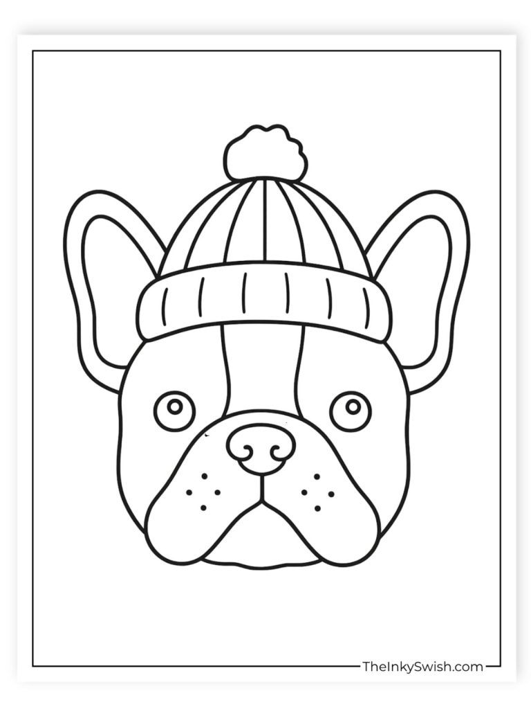 French Bulldog face with a bobble hat coloring page for kids