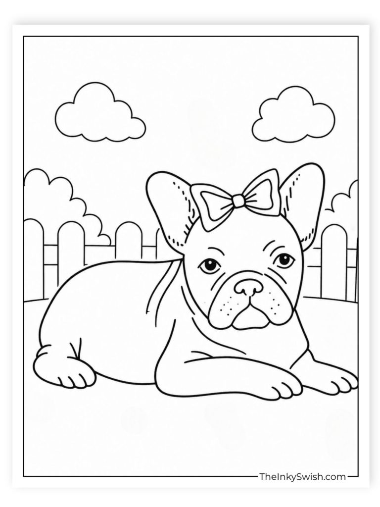 French Bulldog with a bow coloring page lying in a garden with a fence and clouds