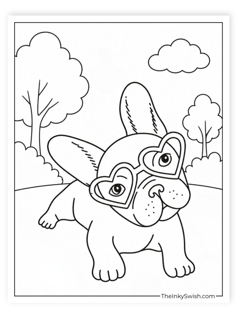 French Bulldog with heart sunglasses coloring page in a park with trees and a cloud