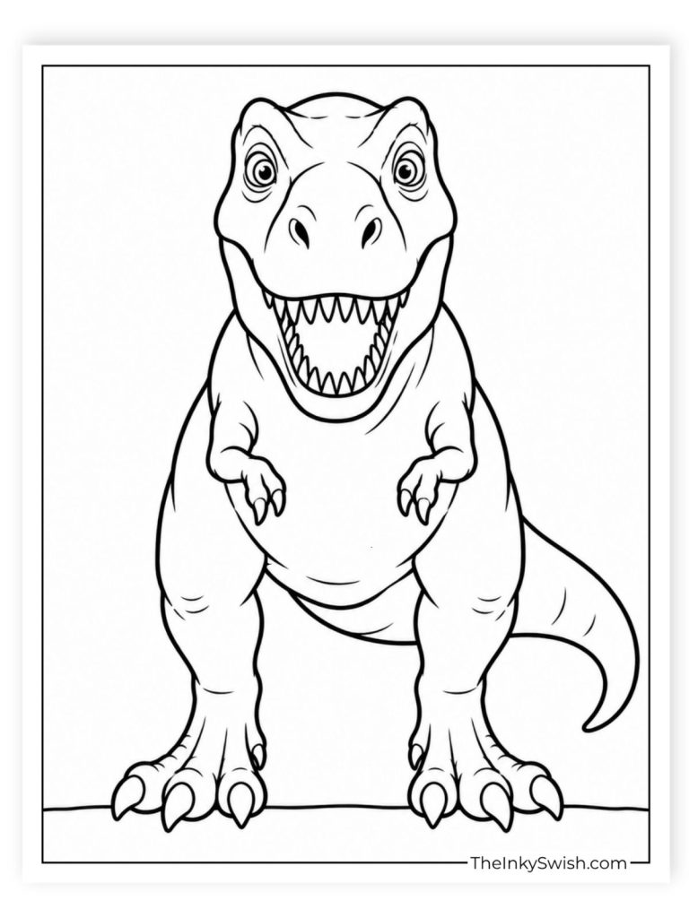 Front facing t-rex coloring page free printable PDF for kids with dinosaur looking forward