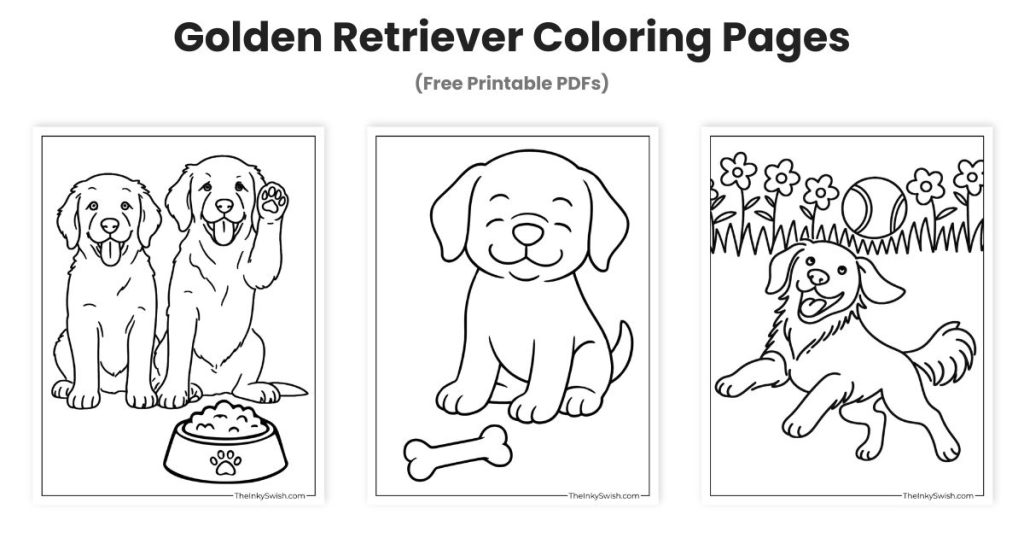 Golden retriever coloring pages printable featuring two dogs with food bowl, puppy with bone, and puppy playing with a ball