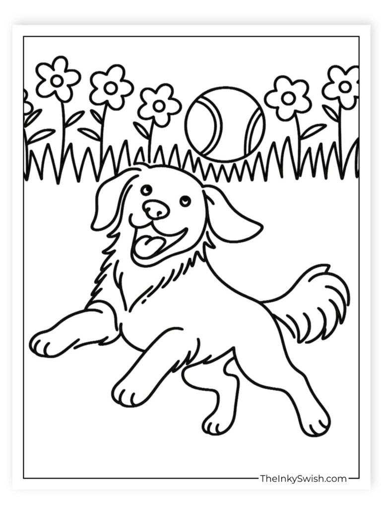 Golden retriever puppy running and playing in a garden coloring page