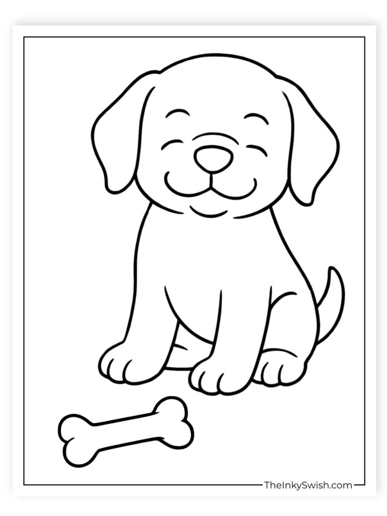 Cute golden retriever puppy sitting beside a bone coloring page