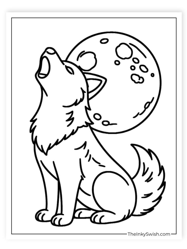 Siberian Husky howling at full moon coloring page for kids