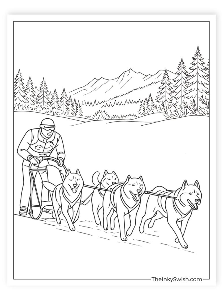 Siberian Husky sled dog team racing through mountain landscape coloring page
