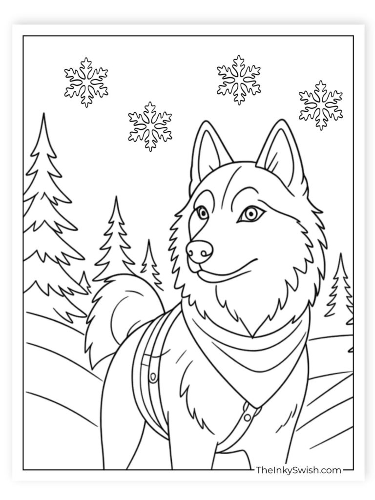 Siberian Husky in snowy winter landscape with snowflakes coloring page