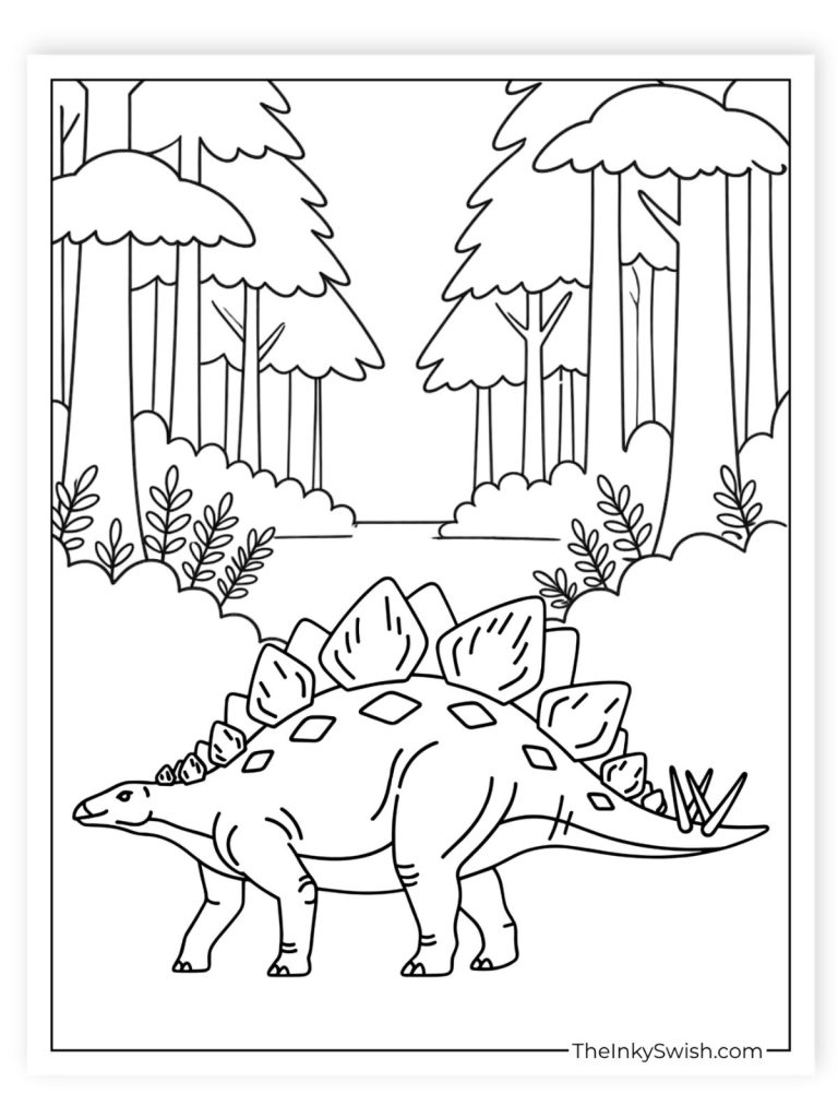 Realistic stegosaurus walking through prehistoric forest coloring page
