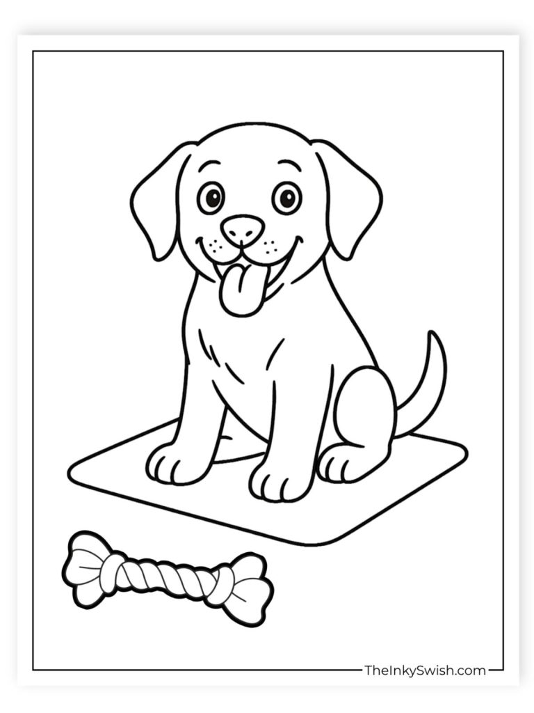 Labrador puppy sitting on mat with rope toy coloring sheet for children