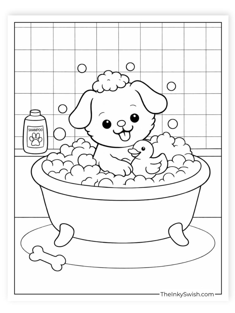 Puppy bath time coloring page with a cute dog in a bubble bath holding a rubber duck