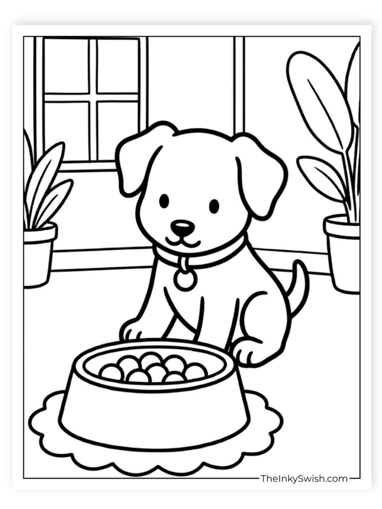 Cute puppy sitting by a dog food bowl indoors with plants and window – puppy feeding time coloring page