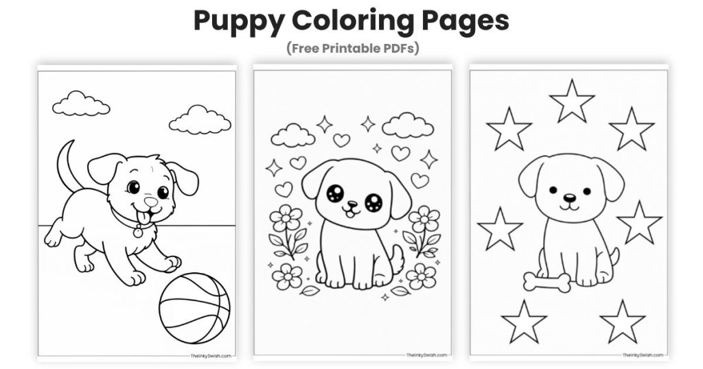 Puppy coloring pages printable featuring cute puppy, kawaii puppy and easy puppy coloring sheets.