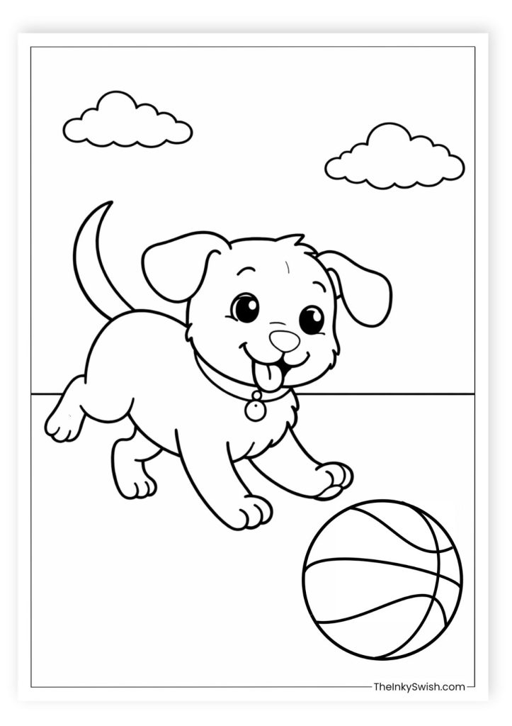 Puppy playing with a ball coloring page, cute printable puppy PDF for kids
