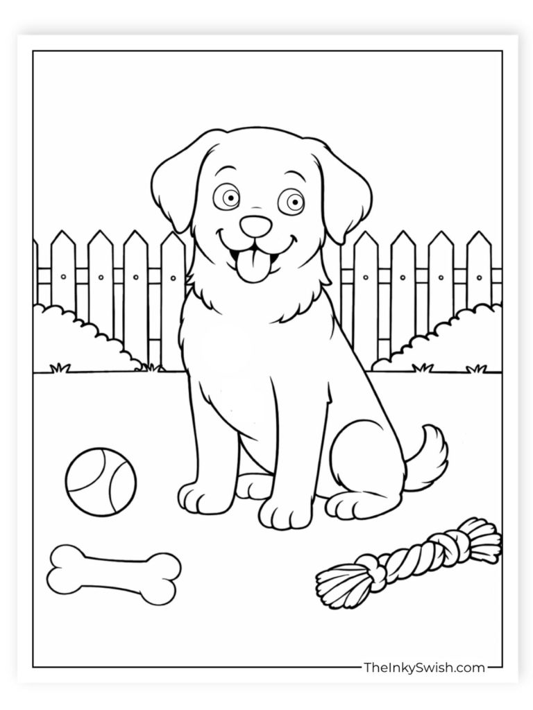 Puppy playing with toys coloring page with ball, bone and rope in garden - printable PDF for kids