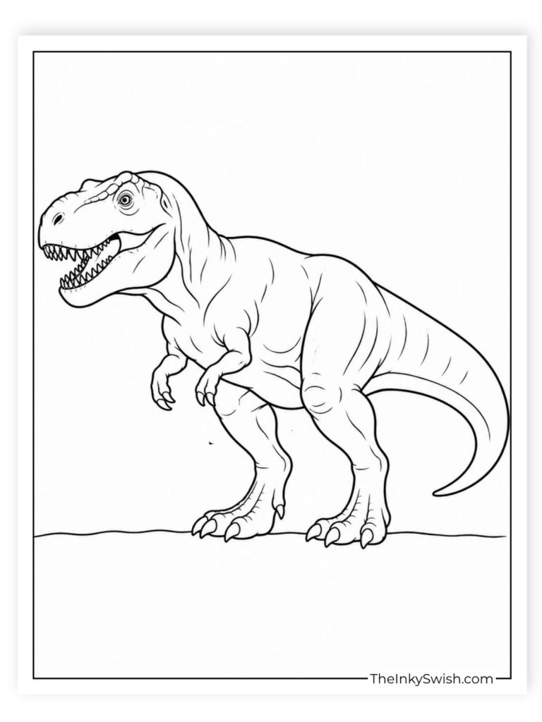 Realistic t-rex coloring page free printable PDF for kids with detailed dinosaur full body design