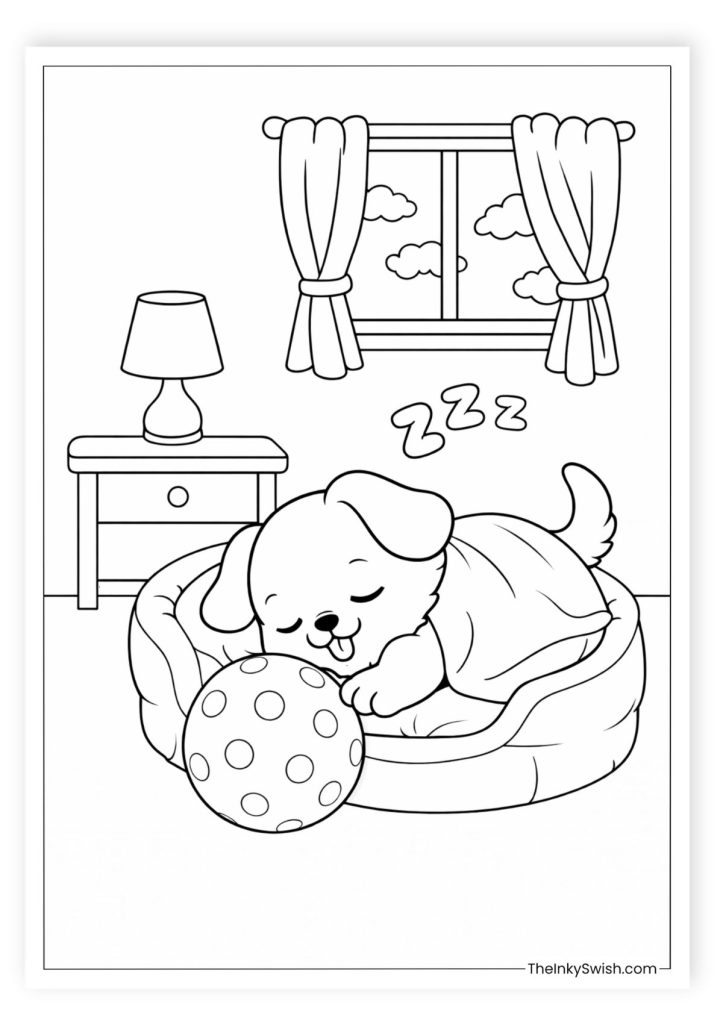 Sleeping puppy coloring page with a cute dog resting in a cozy dog bed beside a spotty ball