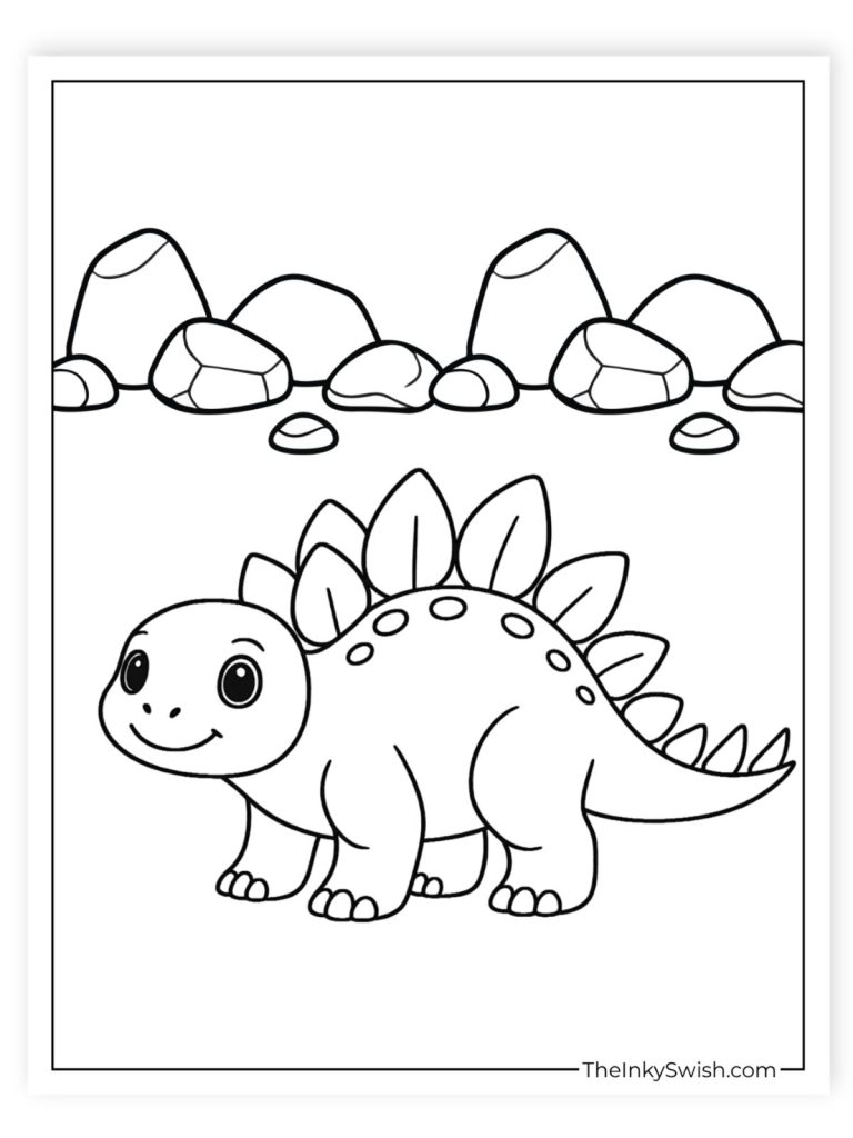Cute baby stegosaurus coloring page with rocky prehistoric background