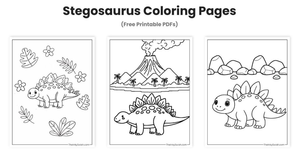 Stegosaurus coloring pages collection showing three free printable designs for kids