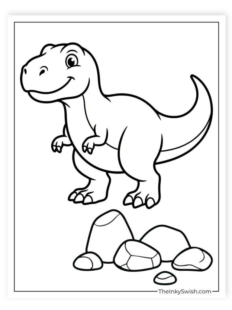 T-rex coloring page easy dinosaur with rocks for kids