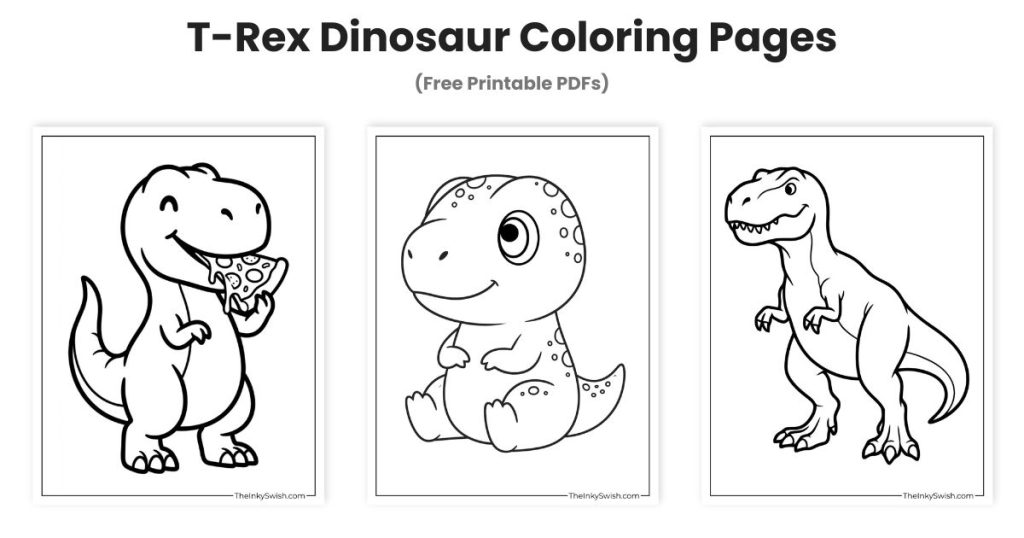 T-rex coloring pages with baby t-rex, simple dinosaur, and funny pizza t-rex for kids
