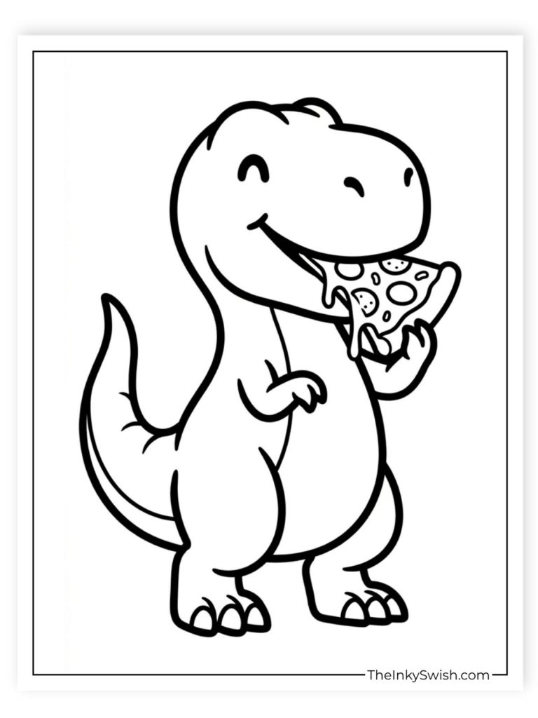 T-rex eating pizza coloring page, cute funny dinosaur outline for kids