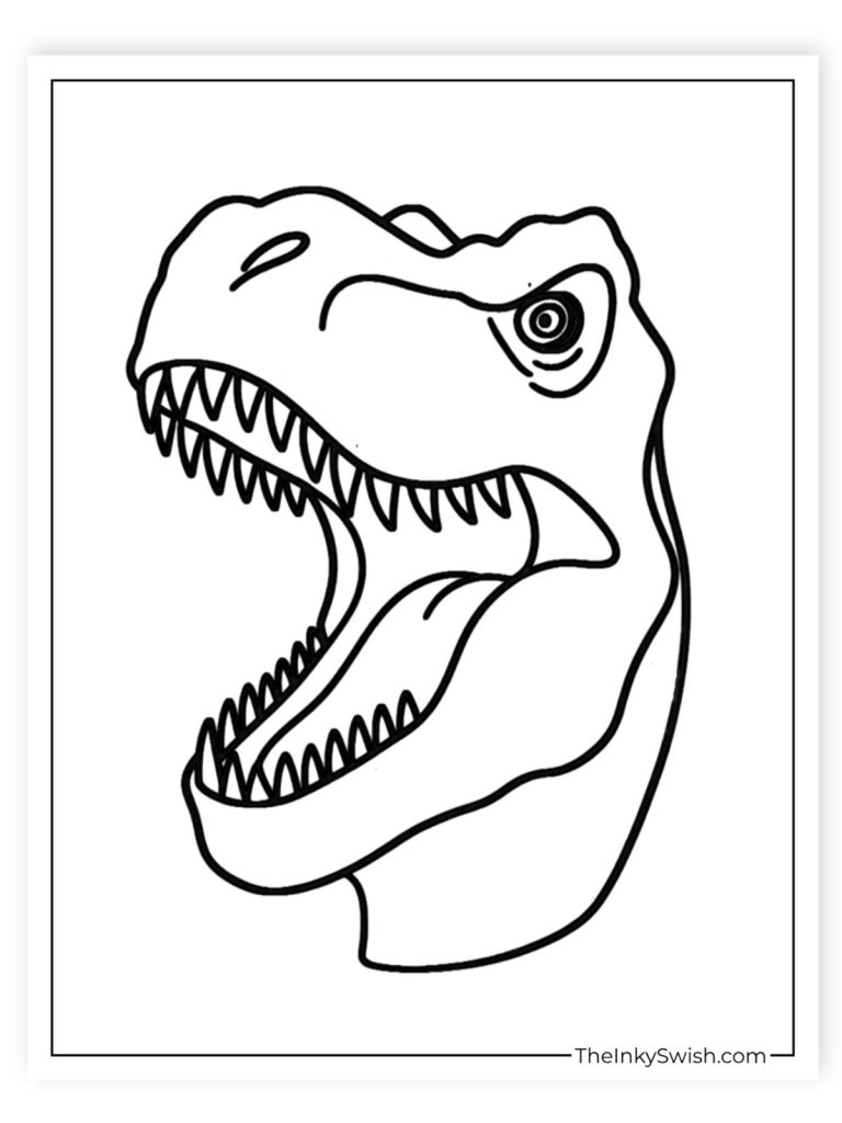 T-rex head coloring page roaring dinosaur face outline for kids