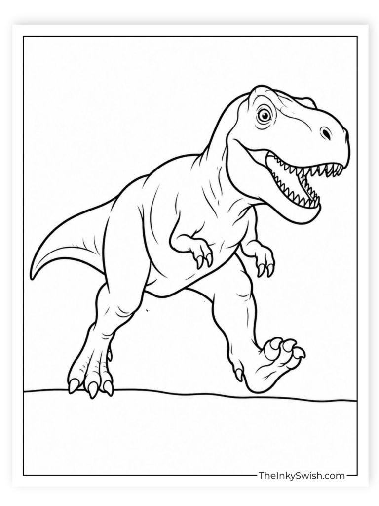 T-rex running coloring page free printable PDF for kids with dinosaur in motion