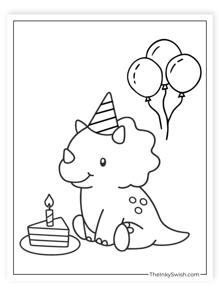 Cute triceratops wearing a party hat with birthday cake and balloons coloring sheet
