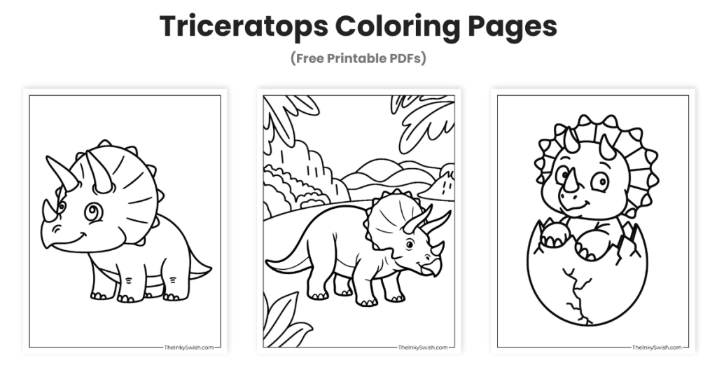 Triceratops coloring pages printable set featuring cute baby dinosaur and easy cartoon designs for kids
