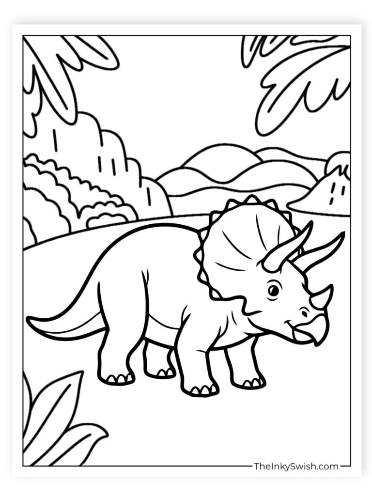 triceratops dinosaur coloring page in a prehistoric landscape