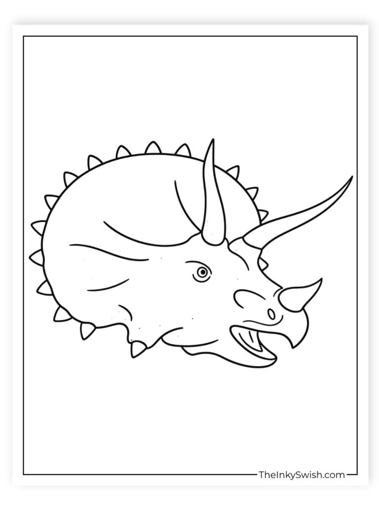 Triceratops head close-up coloring page showing horns and frill