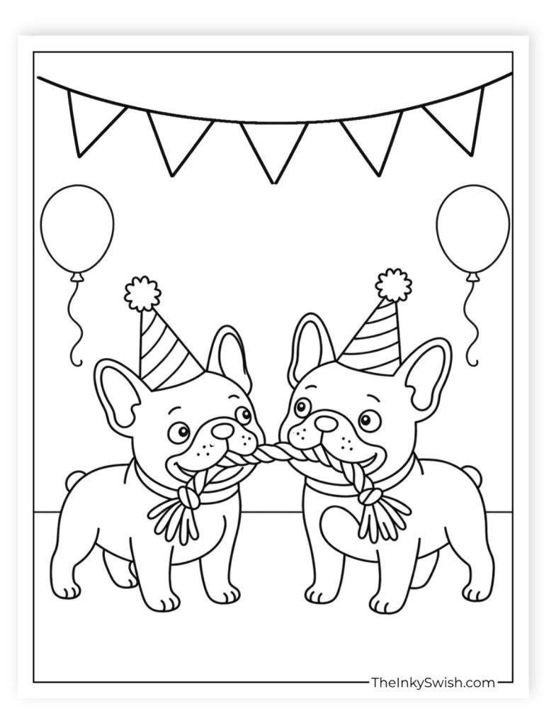 Two French Bulldogs wearing party hats playing tug of war coloring page with balloons and bunting
