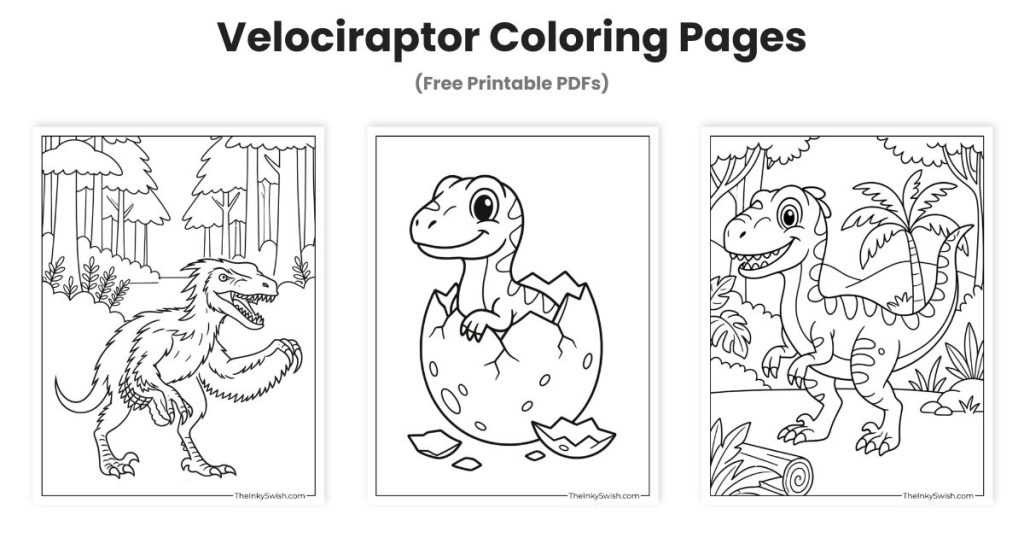 Velociraptor coloring pages collection featuring three free printable dinosaur designs for kids and adults