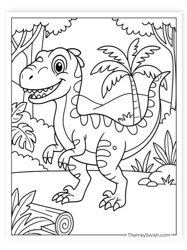 Velociraptor in prehistoric jungle coloring page with tropical plants and trees