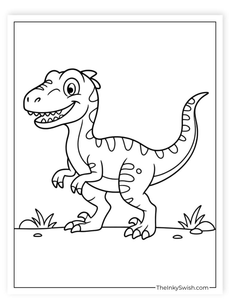 Cartoon Velociraptor walking coloring page for dinosaur fans
